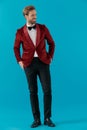 Smiling elegant man wearing red velvet tuxedo Royalty Free Stock Photo