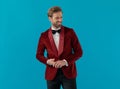 Smiling elegant man wearing red velvet tuxedo Royalty Free Stock Photo