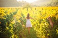 Smiling elegant woman in nature.Joy and happiness.Serene female in wine grape field in sunset.Wine growing field.Agricultural tour