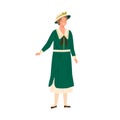 Smiling elegant woman standing in dress and hat vector flat illustration. Happy fashionable lady demonstrate retro style