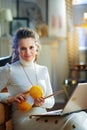 Smiling elegant woman with yarn learn how to knit Royalty Free Stock Photo