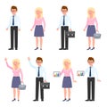 Smiling business man and woman vector. Standing side view, waving hello glasses office boy and blonde girl cartoon character