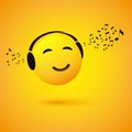 Smiling Emoji with Closed Eyes Enjoying, Listening to Music - Emoticon Face With Headphones On - Yellow Background, Vector Design