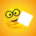 Smiling Emoji with Round Glasses Holding and Pointing To a Big Blank White Square Shaped Card Board Inscription