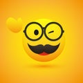 Smiling Emoji - Simple Happy Male Emoticon with Glasses, Waving Hand, Winking Eye and Mustache on Yellow Background Royalty Free Stock Photo