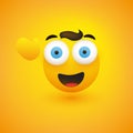 Smiling Emoji - Simple Happy Waving Emoticon with Pop Out Eyes and Hair on Yellow Background