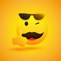 Smiling Emoji - Simple Happy Winking Yellow  Emoticon with Mustache and Sunglasses Showing Thumbs Up - Vector Design for Web Royalty Free Stock Photo