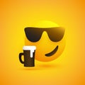 Smiling Emoji Wearing Sunglasses, Enjoying the Taste of the Frothy Drink - Simple Shiny Happy Emoticon with Beer Mug Royalty Free Stock Photo