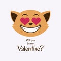 Will you be my Valentine greeting card with cute cat in love vector