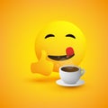 Smiling Emoticon with a Cup of Coffee and Outstretched Tongue Showing Thumbs Up - Simple Shiny Happy Emoticon on Yellow Background