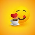 Smiling Emoticon with a Cup of Coffee, Red Heart and Outstretched Tongue - Simple Shiny Happy Emoticon on Yellow Background