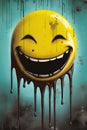 Smiling emoticon with dripping eyes and mouth on grunge background