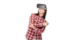 Smiling emotionally girl dancing in virtual reality. Royalty Free Stock Photo