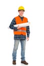 Smiling engineer holding paper roll. Royalty Free Stock Photo