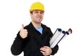 Smiling engineer with rolls of paper in hand making ok sign Royalty Free Stock Photo