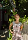 Smiling entrepreneur outisde her juice shop. Copy space Royalty Free Stock Photo