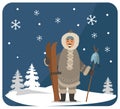 Arctic Hunter with Fish and Skis Symbols Vector