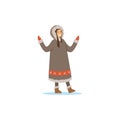 Smiling Eskimo, Inuit, Chukchi woman in traditional costume, northern people, life in the far north vector Illustration
