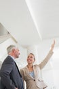 Smiling estate agent showing ceiling to potential buyer