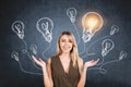 Smiling European attractive young woman in casual dress with hands up pose pondering about start up and new business ideas. Sketch