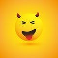 Smiling Evil Face with Stuck Out Tongue - Simple Happy Emoticon on Yellow Background - Vector Design