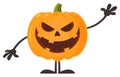 Smiling Evil Halloween Pumpkin Cartoon Emoji Character Waving For Greeting.