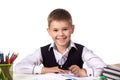 Smiling excellent pupil with exploration magnifier sitting at the table on the white background Royalty Free Stock Photo
