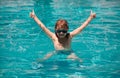 Smiling excited little child boy in sunglasses in pool in summer day. Kid boy swim in swimming pool. Royalty Free Stock Photo