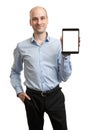 Smiling executive holding a tablet