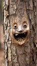 A smiling face carved into a tree trunk, AI Royalty Free Stock Photo