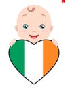 Smiling face of a child, a baby and a Ireland flag in the shape of a heart. Royalty Free Stock Photo