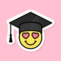 smiling face with heart eyes wearing graduation hat sticker, yellow symbol with black outline, cute smile sticker on Royalty Free Stock Photo