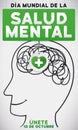 Smiling Face with Label Promoting Mental Health Day in Spanish, Vector Illustration
