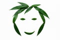 A smiling face, lined with green leaves. The concept of naturalness and love of nature.