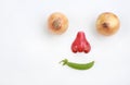 Smiling face looking up of fresh fruit and vegetables with copy space isolated on a white background Royalty Free Stock Photo