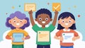 Smiling faces of children posing with their certificates of completion after successfully finishing a virtual coding