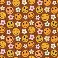 Happy smiling yellow faces seamless pattern with simple white retro flowers on brown background.