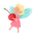 Smiling Fairy or Pixie with Wings Holding Cherry Vector Illustration
