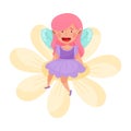 Smiling Fairy or Pixie with Wings Sitting on Flower Vector Illustration