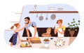 Smiling family cooking and trying dessert together vector flat illustration. Mother, father and children preparing