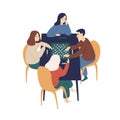 Smiling family playing board game with chips vector flat illustration. Happy people sitting at table enjoying home