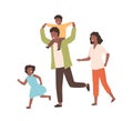 Smiling family playing having fun together vector flat illustration. Happy parents and children running have positive Royalty Free Stock Photo