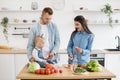 Smiling family preparing meal together in kitchen interior Royalty Free Stock Photo