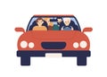 Smiling family riding on car together front view vector flat illustration. Happy mother, father, daughter and son moving Royalty Free Stock Photo