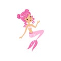 Smiling fantasy mermaid with pink hair and fish tail. Cartoon mythical creature in flat style. Marine life concept