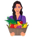 Smiling Farmer Carrying Fruit Basket Isolated on White Background. Beautiful woman with black Hair And Purple Shirt Vector