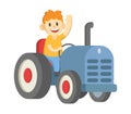 Smiling farmer driving big tractor and waving hello. Flat vector illustration, isolated on white background.