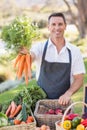 Smiling farmer handing a bunch of carrots Royalty Free Stock Photo