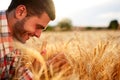 Smiling farmer holding and smelling a bunch of ripe cultivated wheat ears in hands. Agronomist examining cereal crop