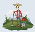 Smiling farmer with a shovel and a bucket, funny cartoon character standing on the grass with trees and mountain